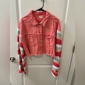 Coral Cropped Denim Jacket with Striped Sleeves POL MED